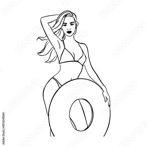 Vacaciones de verano. Dibujo sencillo de mujer en bikini de pie una piscina o el mar con flotador inflable con líneas