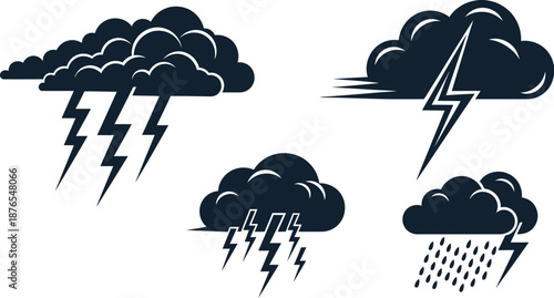 Weather icons with stormy clouds and lightning silhouette on transparent background