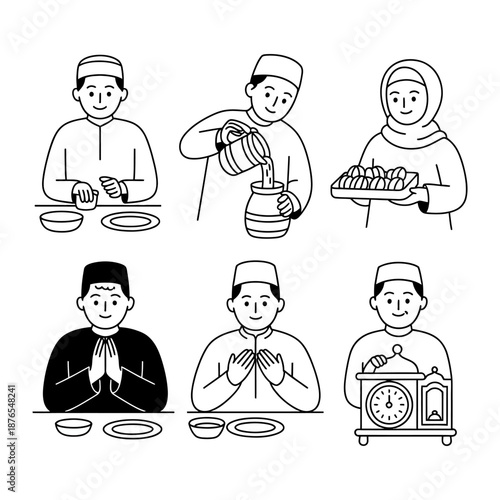 Ramadan Preparation: A compilation of drawings illustrates the daily activities associated with Ramadan. Depicting moments of reflection, meal preparation, and acts of kindness.
