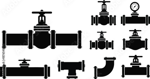 Collection of black pipe valve silhouettes on transparent background