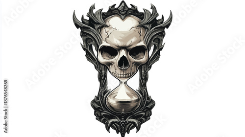 Intricate skull design with hourglass symbolizing time