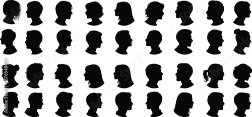 Vector collection of black head silhouettes, side view profiles of men and women, anonymous face icons for user avatars set