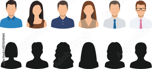 Vector collection of diverse people avatars and silhouettes for user profile icons including men and women characters in flat design