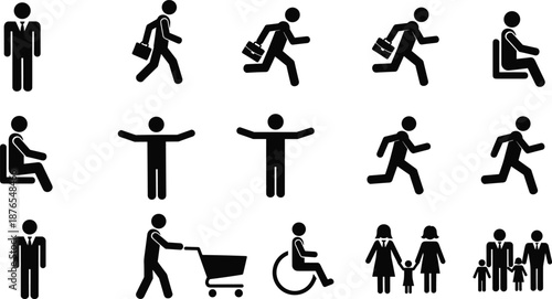 Set of vector stick figure icons depicting people in various actions like walking, running, sitting, shopping, using wheelchair, and family groups.