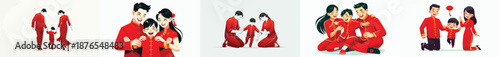 Vector of parents playing with children. Chinese New Year. Vector, minimalist, illustration, icon set.