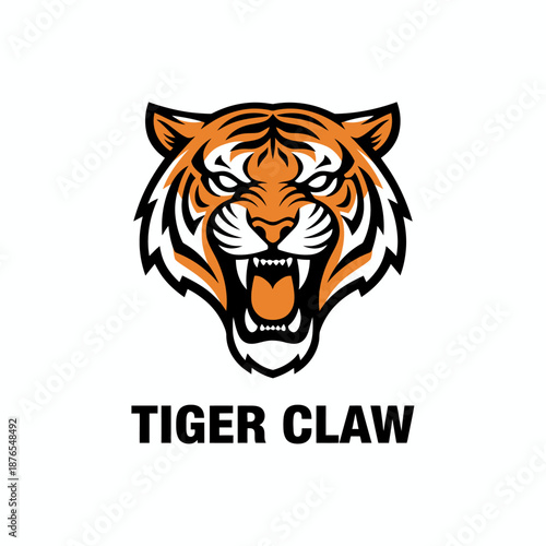 Roaring tiger head mascot icon for competitive sports team or fitness apparel brand named TIGER CLAW text