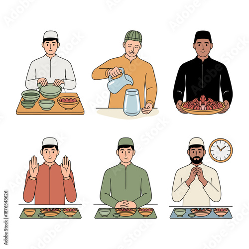 Ramadan Rituals: A depiction of Ramadan rituals, featuring diverse individuals preparing and partaking in the blessings of this sacred time.