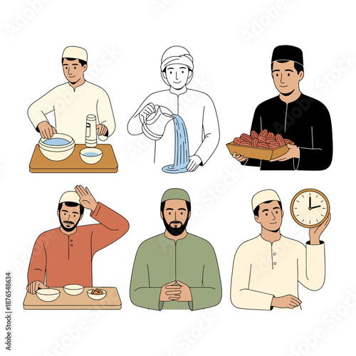 Muslim Man's Daily Routine Illustration: A six-panel illustration shows the everyday life of a Muslim man, including preparations for prayer, and the practice of fasting during Ramadan. 
