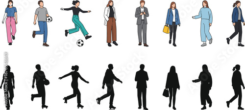 Vector set of diverse people characters walking and playing sports in casual clothes including black silhouettes isolated on white background