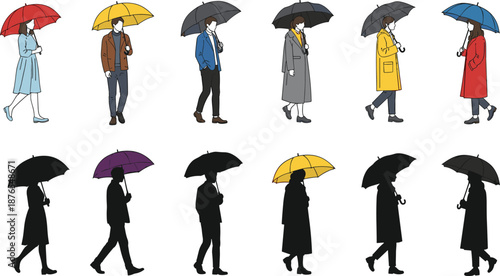 Vector set of diverse people holding colorful umbrellas wearing rain coats including black silhouettes isolated on white background for season