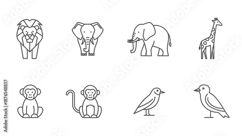 Set of thin line icons of wild animals, safari animals, zoo animals, birds, monkeys, lion, elephant, giraffe