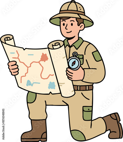Explorer Man Kneeling Studying Treasure Map and Holding Compass