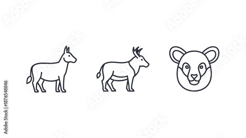 Set of three minimalist animal icons: donkey, antelope, and panda face