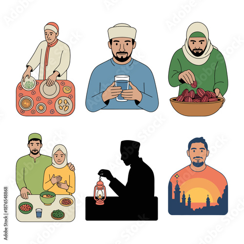 Ramadan Celebration: A heartwarming scene showcases a collection of illustrated images representing the spirit of Ramadan, depicting moments of shared meals, devotion, and community togetherness.