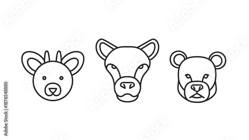 Simple Line Art Animal Faces Icons: Bear, Antelope, Dog