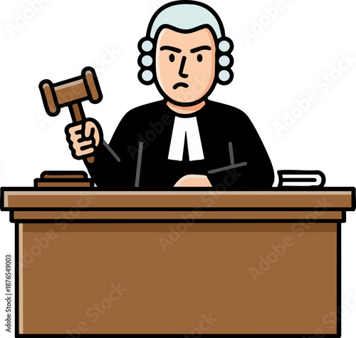 Judge in wig holds gavel behind desk illustration