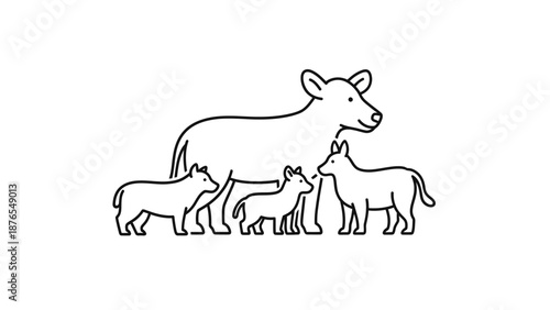 Simple line drawing of a dog family: mother and three pups, happy, cute, clean graphic
