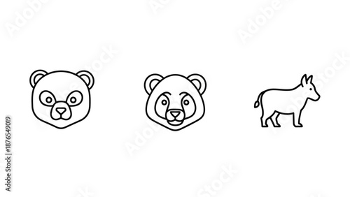 Simple Line Icons: Panda Face, Bear Face, Donkey Animal Illustration