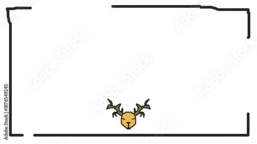 The pattern of lines changes along the edges of the canvas, forming a frame. At the bottom hangs the head of a deer or antlered animal.