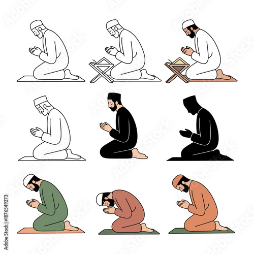 Prayer and Reverence: A collection of illustrations depicting an individual's moments of focused prayer and reverence, signifying tranquility.