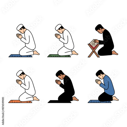 Moments of Faith: A compilation of illustrations showcasing the various postures of prayer in Islam, reflecting reverence and devotion.