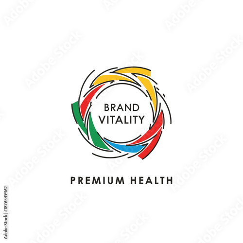 Brand Vitality Premium Health Logo with Colorful Swirls.