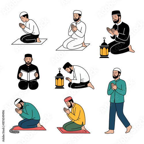 Diverse Praying Muslim in Islamic: A collection of illustrations shows varied Muslim individuals engaged in prayer, reflecting the diversity within the faith.