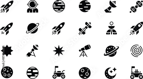Space exploration and astronomy icons set, rockets, astronaut, planets, satellites, telescopes, moon and stars symbols, cosmos science black silhouette vector collection