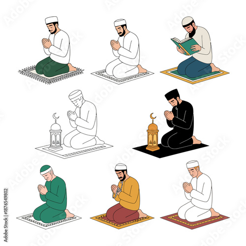 Praying Muslim in different poses: This image illustrates a series of drawings of Muslim figures in various prayer positions and rituals. They are dressed in traditional attire and showing devotion.
