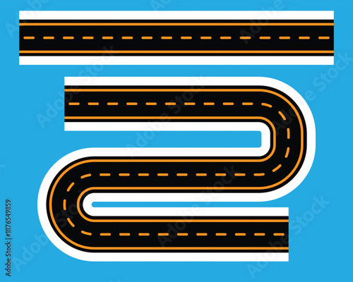 A straight road strip and a long winding road shaped like the number two appear on a blue background