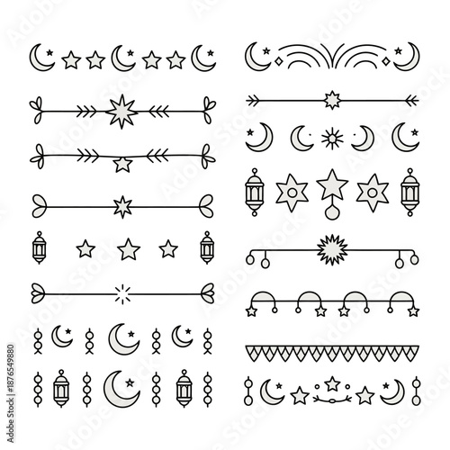 Elegant Border Ornamentation: A curated collection of elegant, minimalist border ornaments, featuring moons, stars, lanterns and other celestial elements.