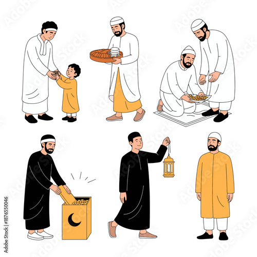 Islamic Celebration: Diverse scenes capturing the essence of generosity and unity during a festival, with individuals engaged in acts of giving, sharing, and offering blessings.
