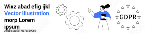 Data protection, GDPR compliance, privacy laws, business regulations, digital security, legal concepts. A woman pointing at GDPR text and gears. GDPR compliance and data protection concept