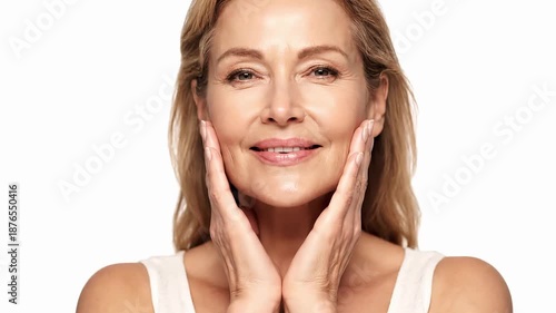Happy 50s middle aged mature woman touching facial skin looking at camera pampering in mirror. Old healthy dry skin care beauty concept, skincare treatment, cosmetics and anti age plastic surgery.