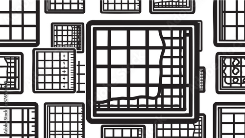 A collection of architectural blueprints and grid-based designs in a technical illustration style