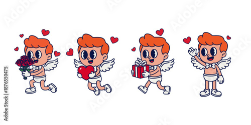 A cute and playful cupid boy cartoon illustration set featuring four adorable poses, including holding roses, a heart, a gift box, and waving cheerfully.