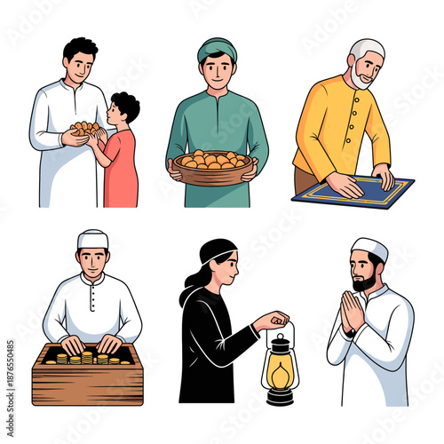 Ramadan Illustration: A vibrant illustration capturing the essence of Ramadan, featuring a variety of scenes related to fasting, iftar, and charitable giving.