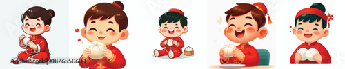 Vector of a boy eating steamed buns. Chinese New Year. Vector, minimalist, illustration, icon set.