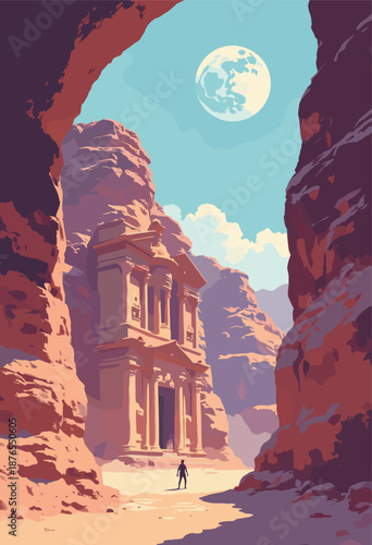 Ancient Petra carved rock architecture integrated advanced cloaking technology energy barriers Desert scifi Flat