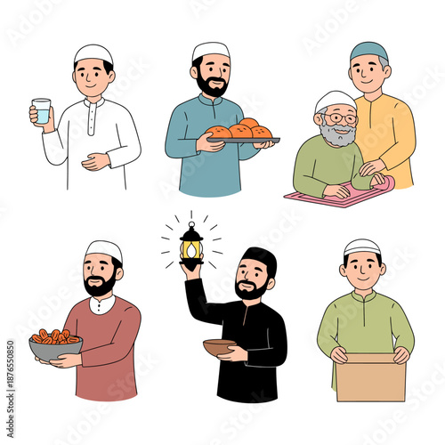 Ramadan Preparations: A heartwarming illustration captures the essence of Ramadan, showcasing individuals engaged in traditional preparations like offering dates and bread.