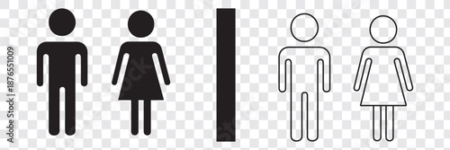 Simple black and white stick figure icons for male and female restroom signs toilet