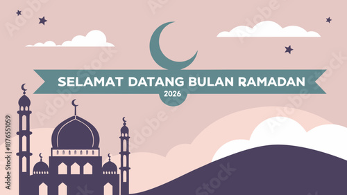 Ramadan greeting card illustration with mosque and crescent moon