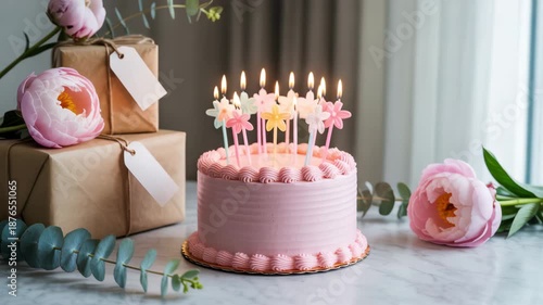 Beautiful pink happy birthday mom cake glows with lit candles closeup