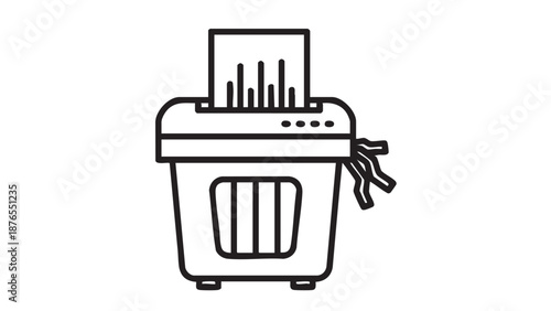 A simple line drawing of a paper shredder with paper being shredded