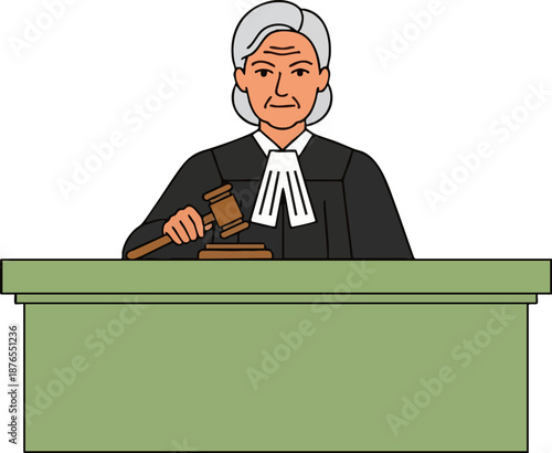 Senior female judge striking gavel on courtroom bench illustration