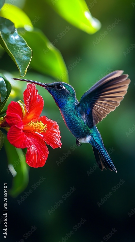 Fototapeta premium A bright hummingbird hovering among scarlet flowers conveys the dynamism of life and the beauty of nature, providing an expressive backdrop for environmental projects.