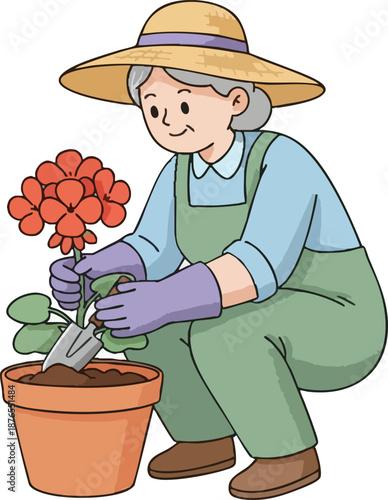 Happy senior woman planting a flower in a pot, gardening illustration.