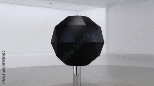 Black geometric abstract object displayed in minimalist white gallery space