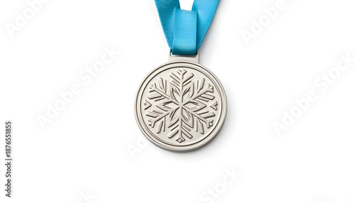 Silver medal with snowflake design and blue ribbon  