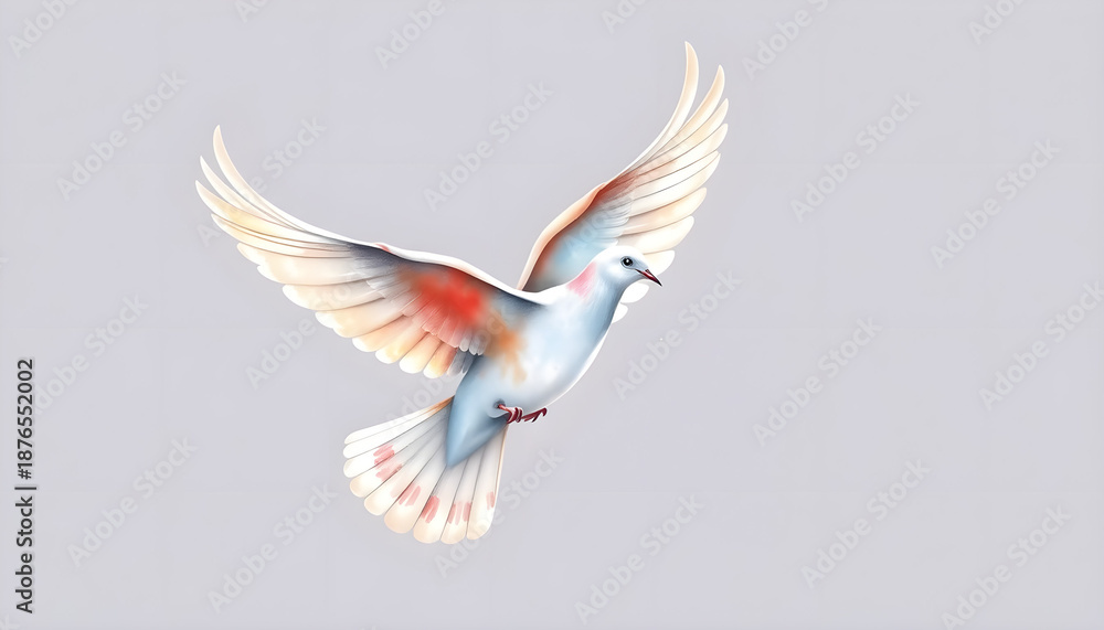 Obraz premium Colorful dove flying with spread wings on light gray background 